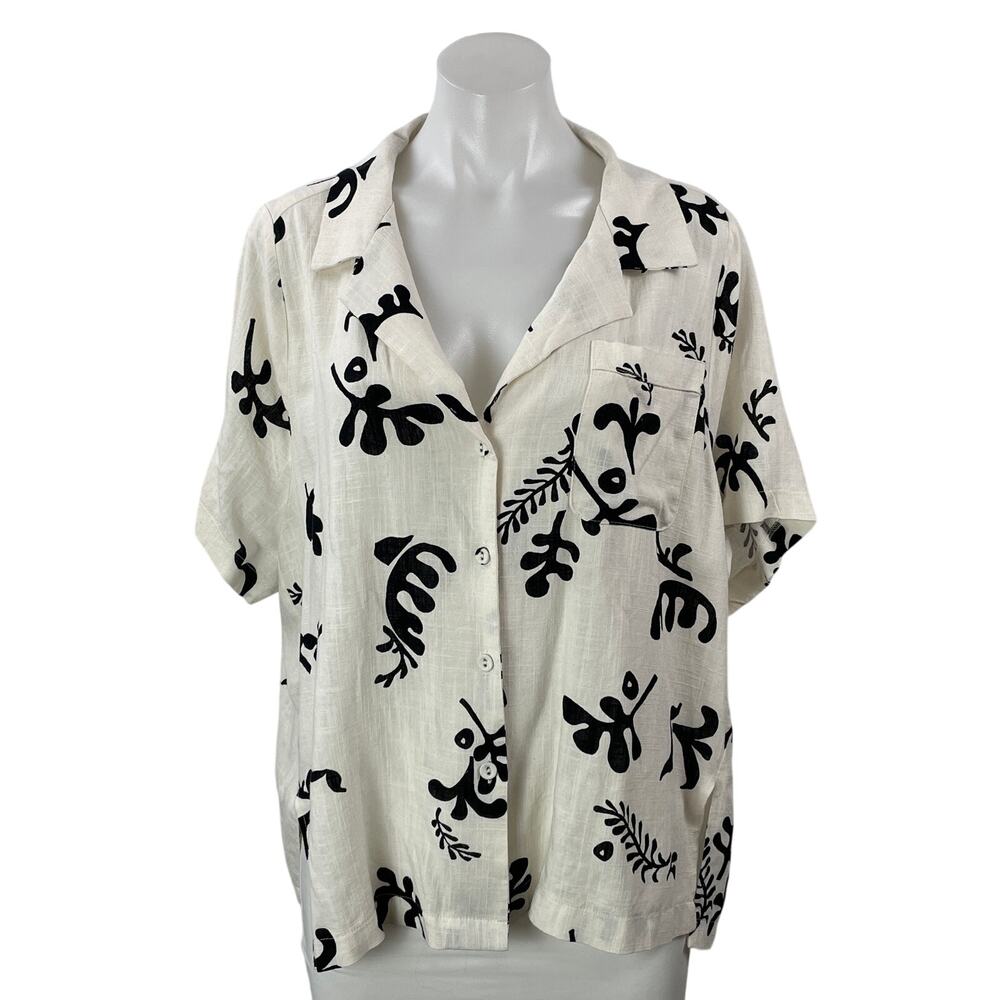 NEW Paper Heart White Black Short Sleeves Linen Blend Button Down Shirt Top Sz L